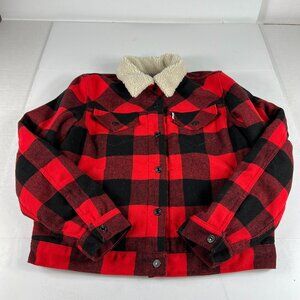Levis Jacket Youth Large Red Buffalo Plaid Snap Button Sherpa Collar Long Sleeve
